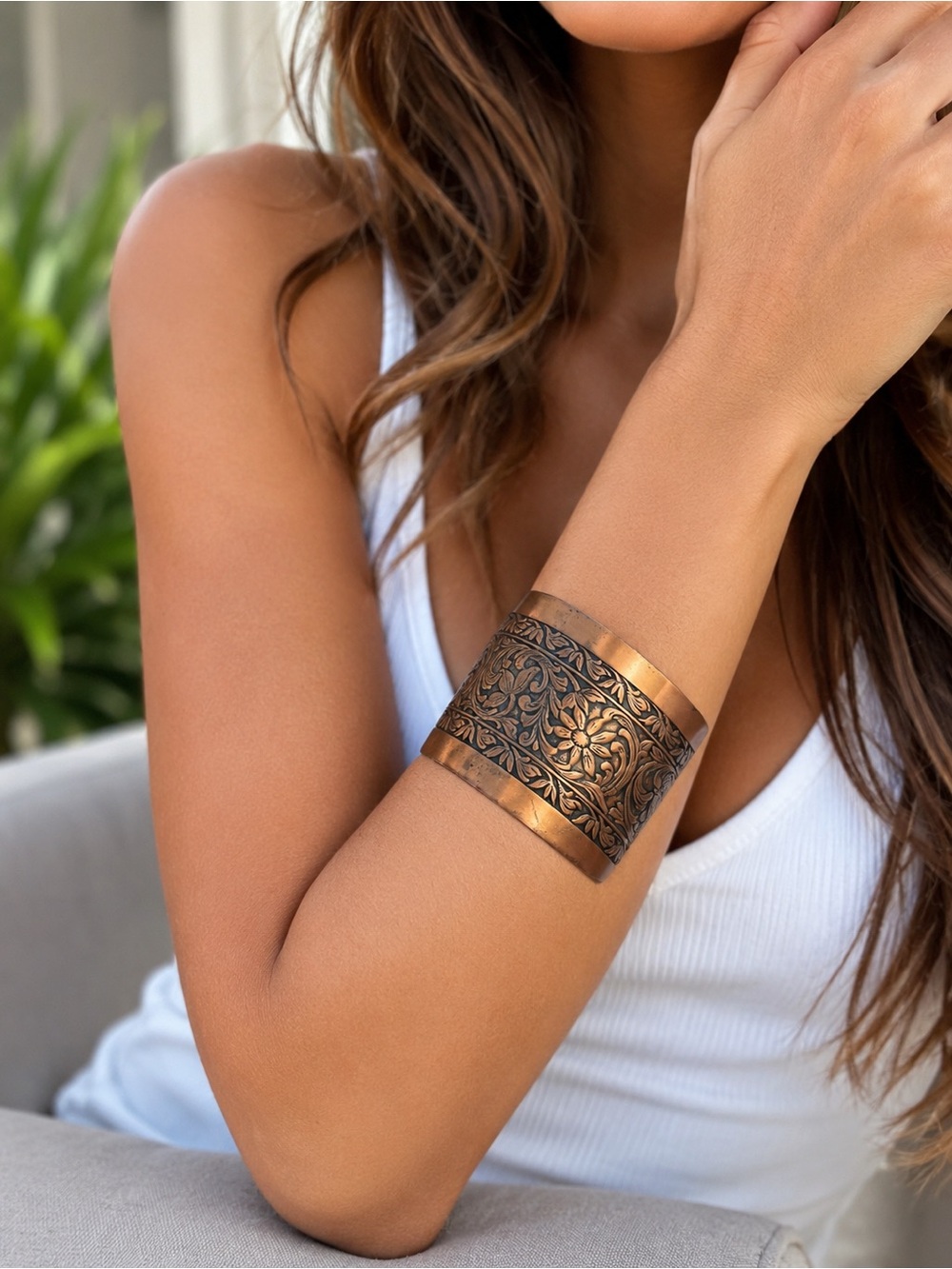 Wide Solid 100% Copper Engraved Floral Cuff Bracelet | Vintage Boho Artisan - Picture 2 of 9